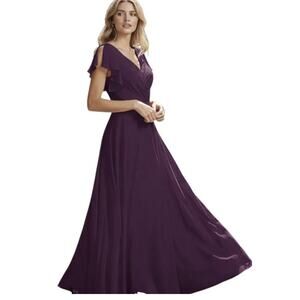 David’s Bridal Full Skirt Flutter Sleeve Bridesmaid Dress Purple Plum 18